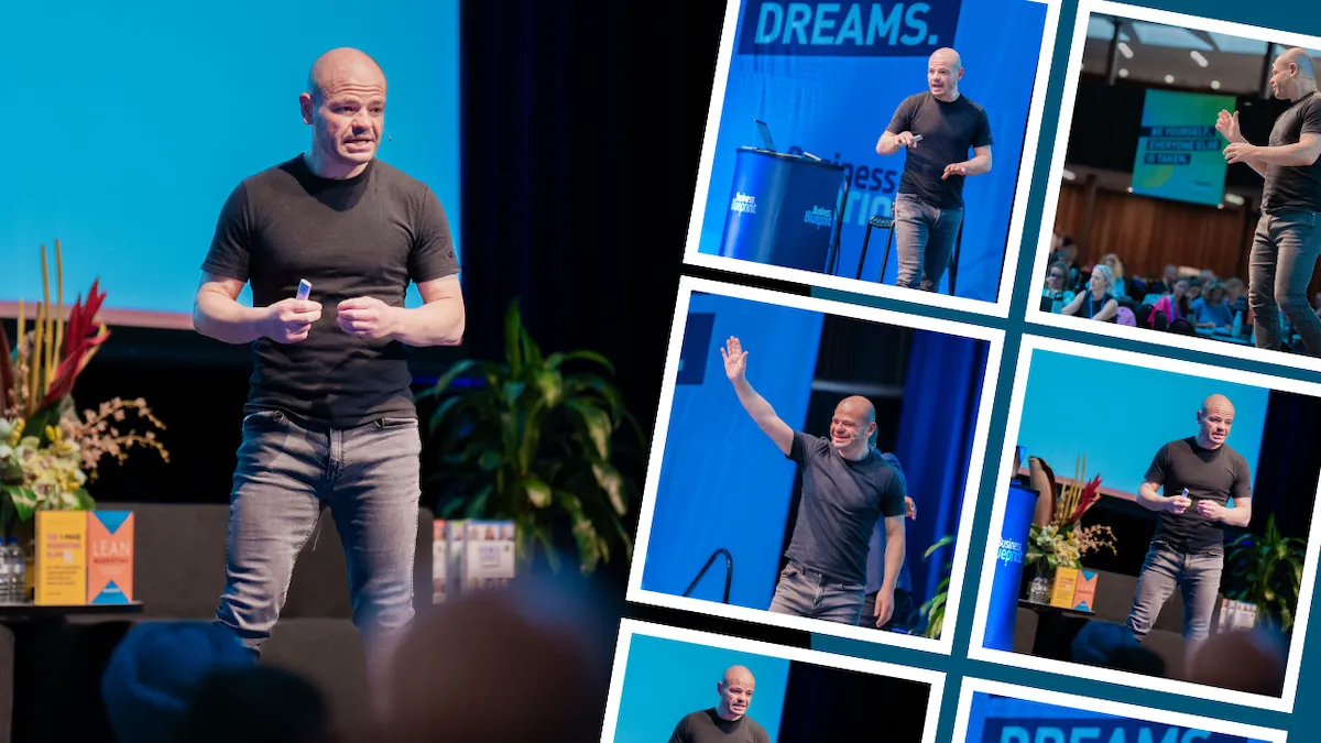 Allan Dib speaking on stage at business conferences